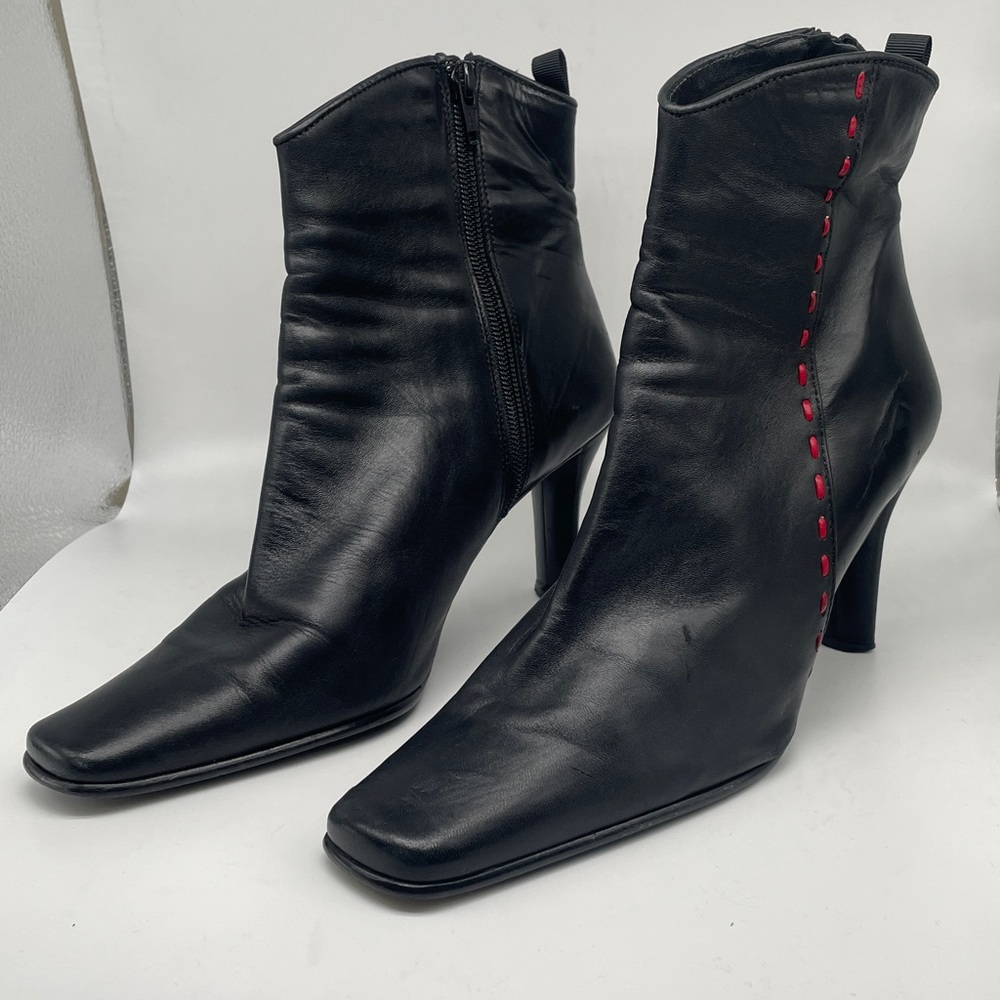 Y2K soft genuine leather with red stitching square toe heeled ankle boot